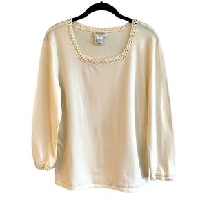 TALBOTS, LONG SLEEVE, CREAM TOP WITH SQUARE NECK & DECORATIVE STITCHING. SIZE L